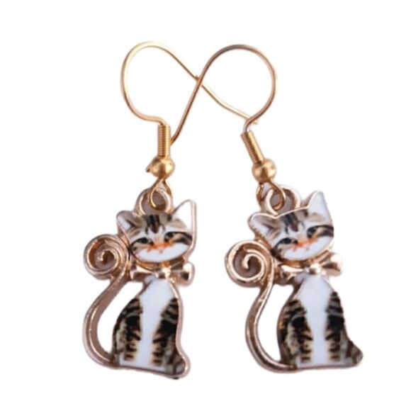Kitty Cat Tabby Small Bow Dangling Hook Earrings - Picture 2 of 5